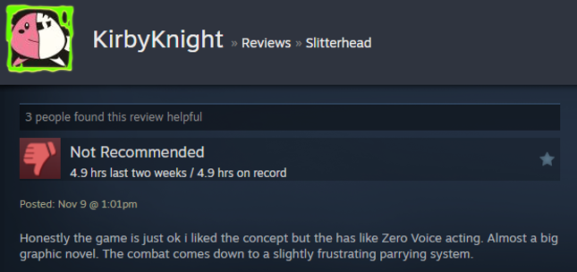 Screenshot showing a Steam user review of Slitterhead.